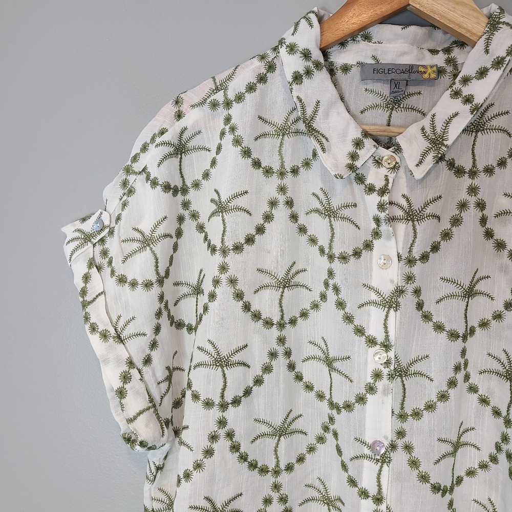 Figueroa & Flower White Top Embroidered Palm Tree Cap Sleeve Sz XL Coastal Boxy - Picture 2 of 11